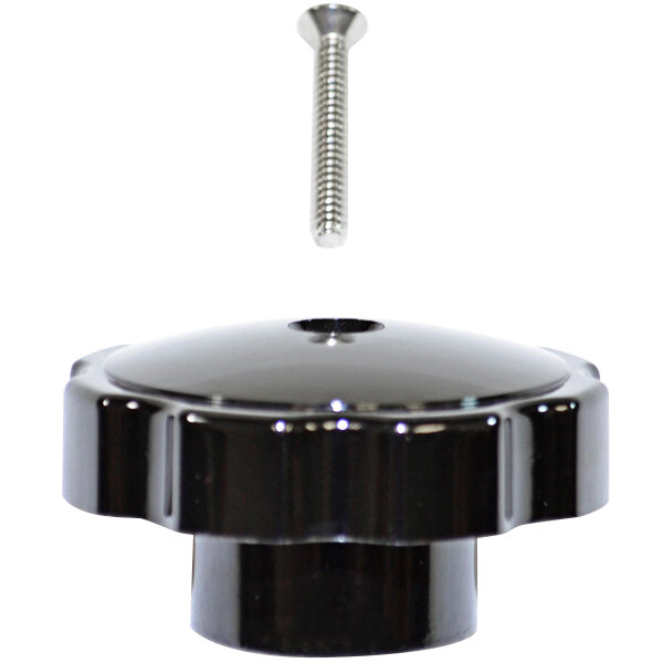 A black plastic Fisher pot filler knob with a screw on top.