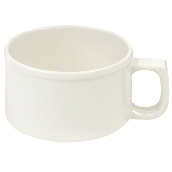 A white mug with a handle on a white background.