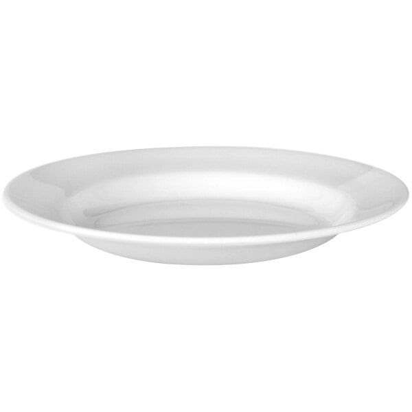 A white Thunder Group melamine soup plate with a wide rim.
