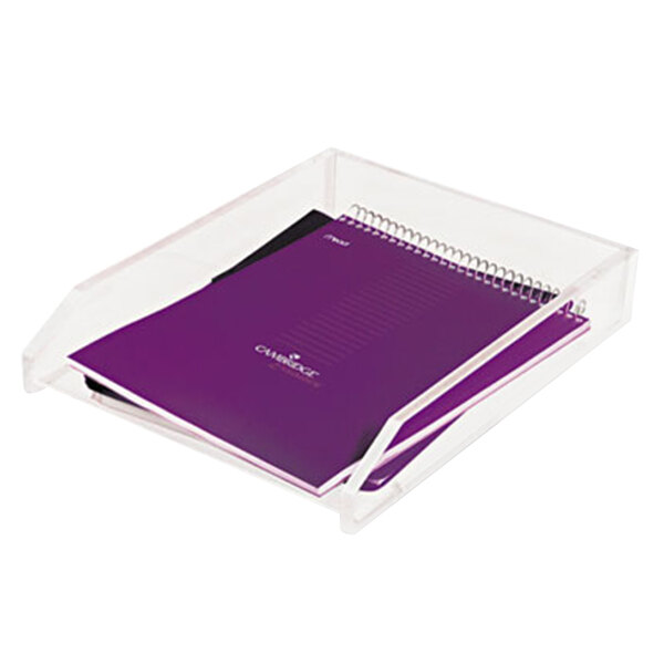 A purple spiral notebook in a clear plastic container.