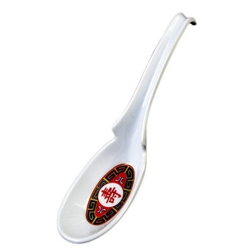 A white Thunder Group Longevity melamine soup spoon with a red design.