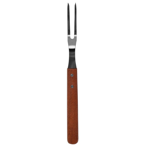 A Thunder Group pot fork with a wooden handle and metal prongs.