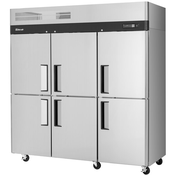 A Turbo Air M3 Series reach-in freezer with stainless steel half doors.