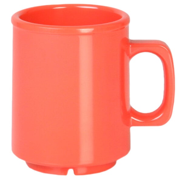 An orange Thunder Group melamine mug with a handle.