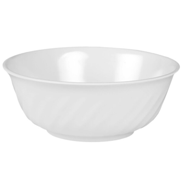 A white Thunder Group melamine bowl with a wavy design on the edge.