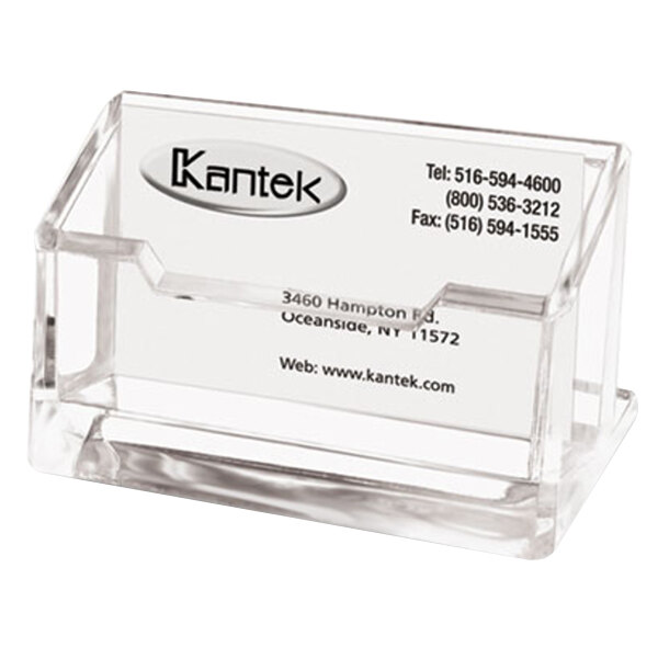 A clear Kantek acrylic business card holder with business cards inside.