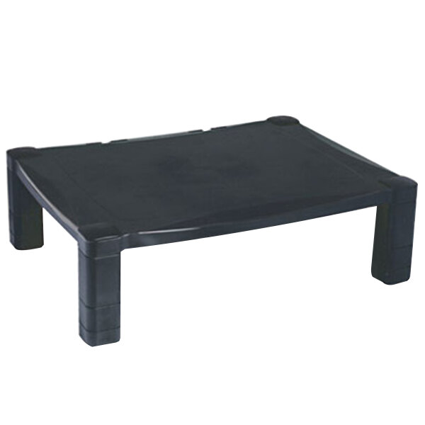 A black plastic Kantek monitor stand with adjustable legs.
