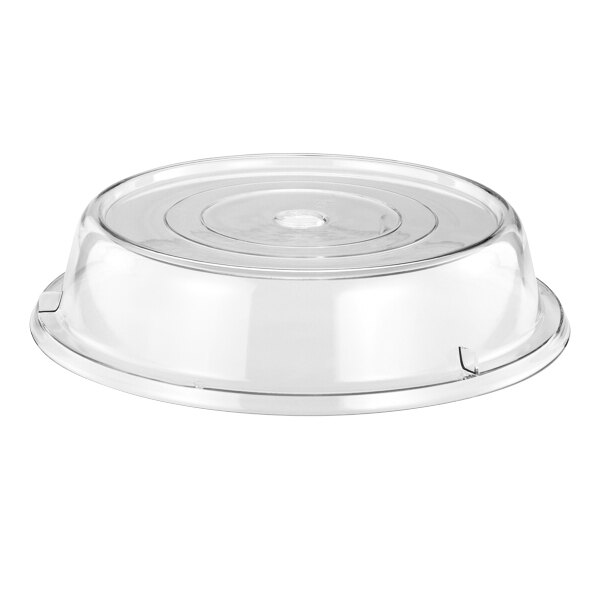 A clear plastic lid covering a white plate.