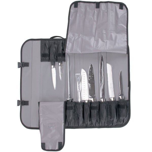 A white Mercer Culinary knife case with many knives inside.