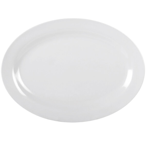 A white Thunder Group oval melamine platter with a white rim.