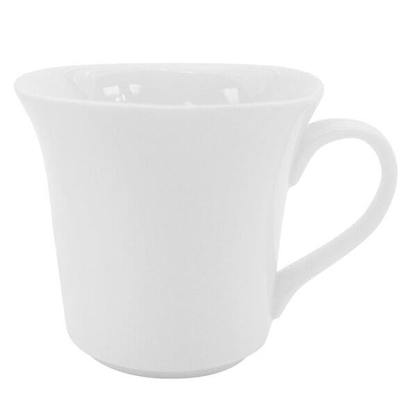 A 4.5 oz. bright white square porcelain cup with a handle.