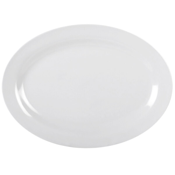 A white Thunder Group oval melamine platter with a curved edge.