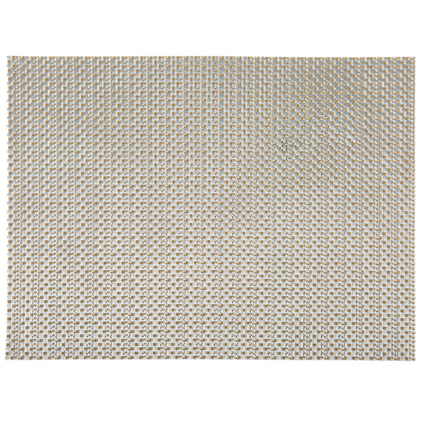 A metallic taupe and silver woven vinyl rectangle placemat with a grid pattern.
