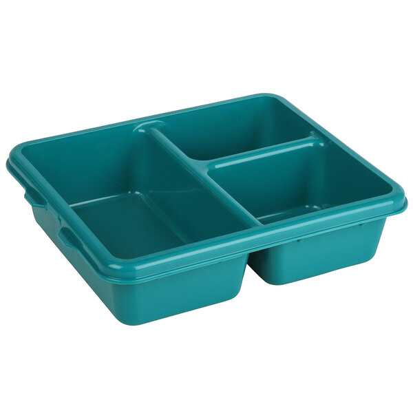 A teal co-polymer tray with three compartments.