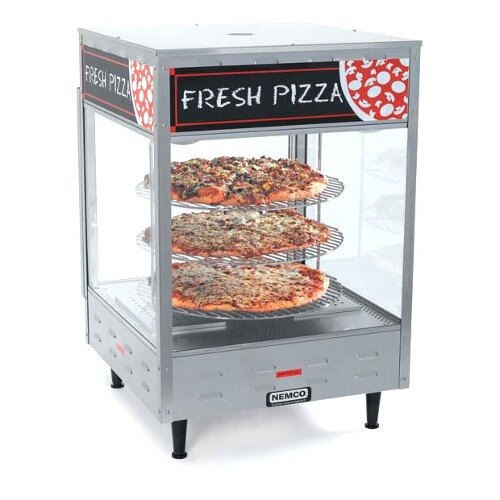 A Nemco pizza merchandiser with pizza on display in a glass case.