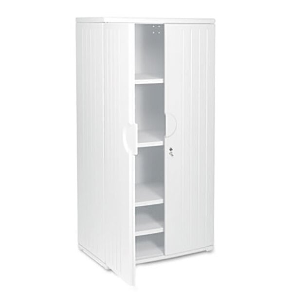 A white Iceberg OfficeWorks storage cabinet with shelves behind two doors.