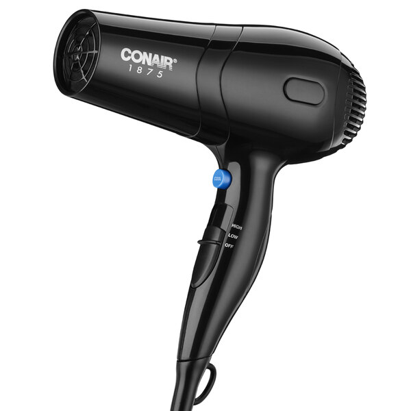 A black Conair hair dryer with a blue and white handle and cord.