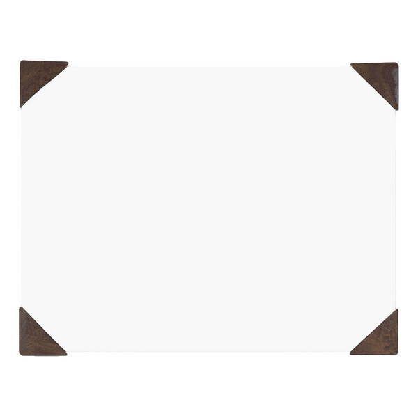 A white rectangular desk pad with brown corners.