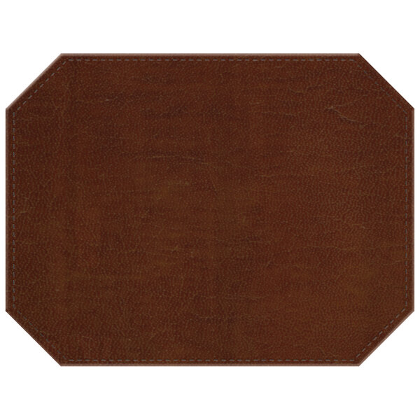 A brown leather placemat with stitching in an octagon shape.