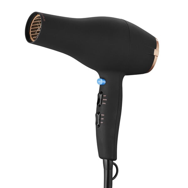 A black hair dryer with gold trim and a blue cord.