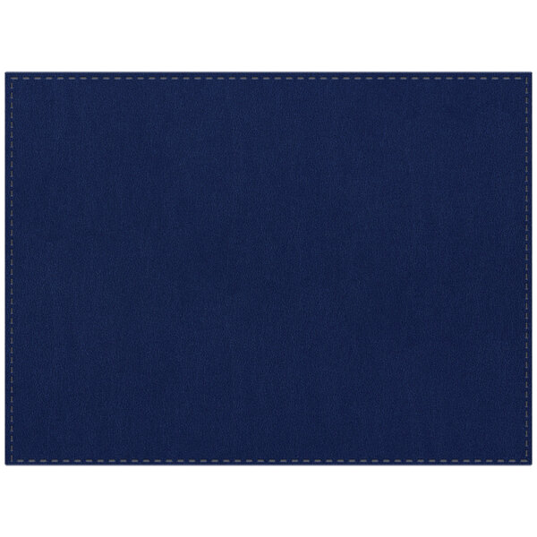 A blue rectangular placemat with stitching.