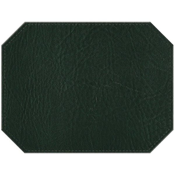 A green faux leather octagon placemat with stitching.