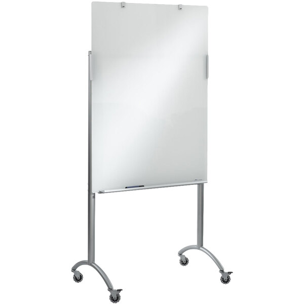 A white glass and steel mobile presentation dry-erase easel with wheels.
