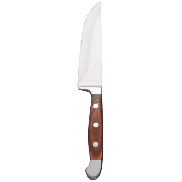 A Libbey stainless steel steak knife with a brown wooden handle.