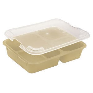 A beige Cambro co-polymer insert tray with two compartments.