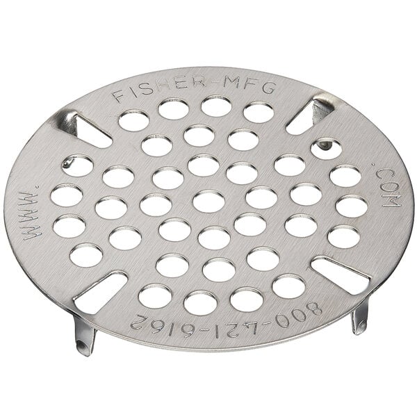 A stainless steel circular flat strainer with holes.