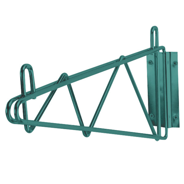 An Advance Tabco green metal wall mounting bracket with clips.