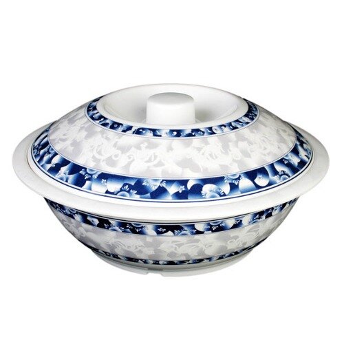 A close-up of a white and blue Thunder Group Blue Dragon melamine bowl with lid.