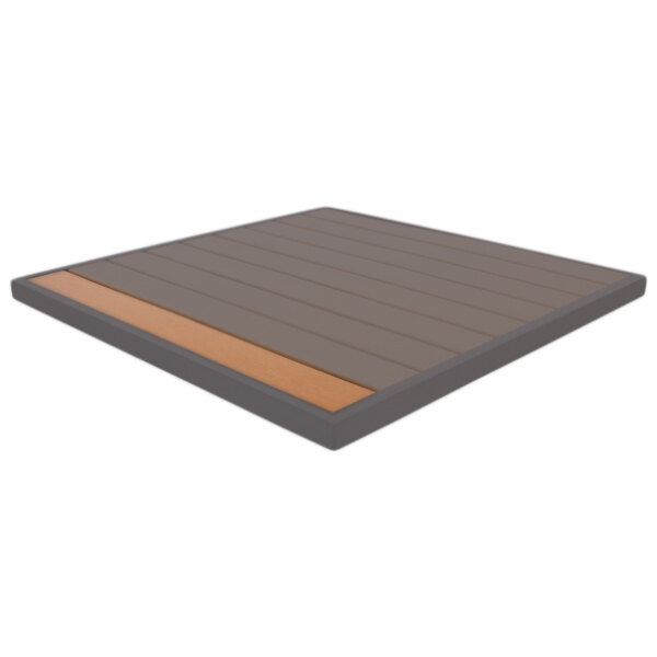 A BFM Seating synthetic teak table top with a wood panel design and wooden edge.