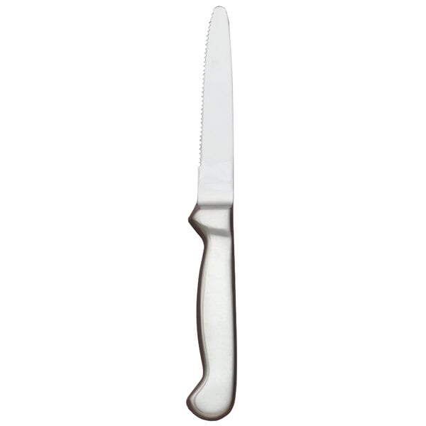 A silver Libbey steak knife with a hollow handle.