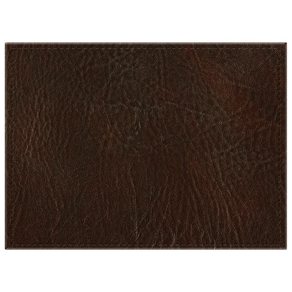 A close up of a brown faux leather rectangle.