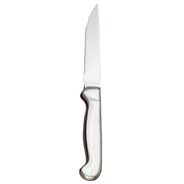 A Libbey stainless steel steak knife with a hollow silver handle and black blade.