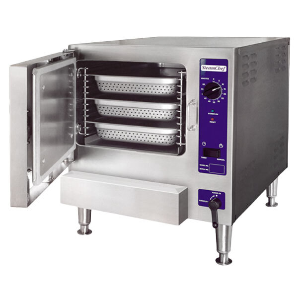 A Cleveland SteamChef 3 countertop steamer with three trays inside.