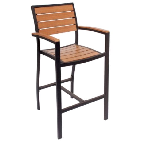 A BFM Seating Largo synthetic teak back slat for a chair with a wooden seat and a black frame.