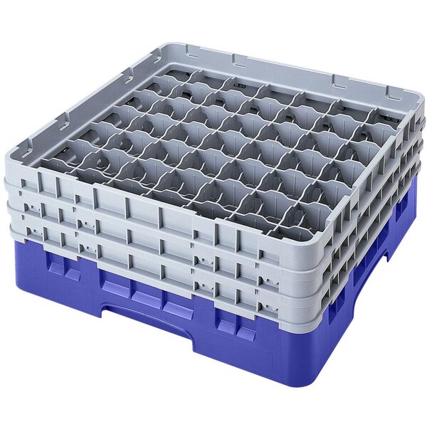 A blue Cambro plastic glass rack with 49 compartments.