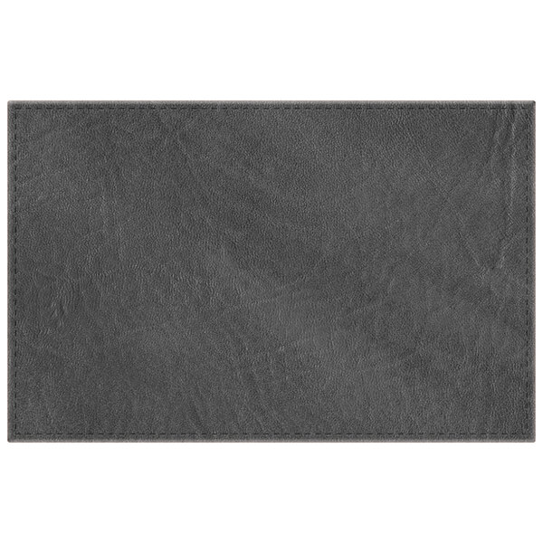 A 17" x 11" charcoal hardboard and faux leather rectangular placemat.