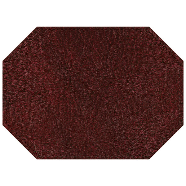 A white hexagon hardboard placemat with brown faux leather and stitching.