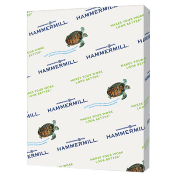 A box of Hammermill green recycled colored copy paper with a turtle on it.