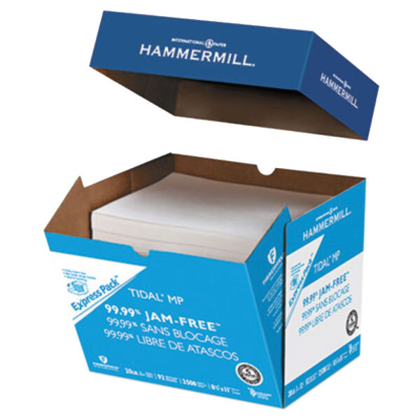 A blue and white box of Hammermill Tidal white copy paper with the lid open.