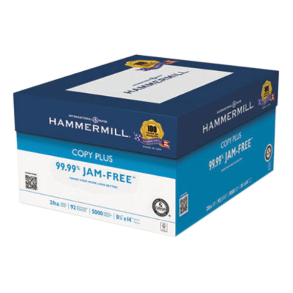 A blue and white Hammermill Copy Plus paper box with white text.