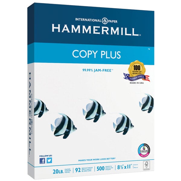 A box of Hammermill Copy Plus 20 lb 3-Hole Punch Paper with 500 sheets.