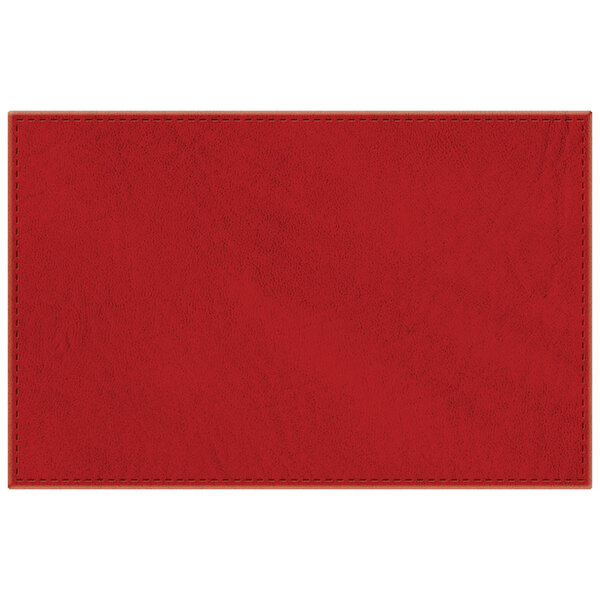 A red faux leather rectangle placemat with stitching.