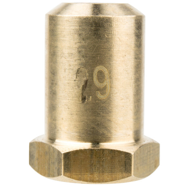 A close up of a brass #29 Hood Orifice with a circular metal piece with the number 9 engraved on it.