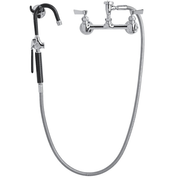 A Fisher chrome wall mounted pot filler faucet with a hose.