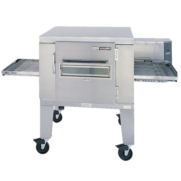 A large stainless steel Lincoln Impinger conveyor oven with wheels and a lid open.