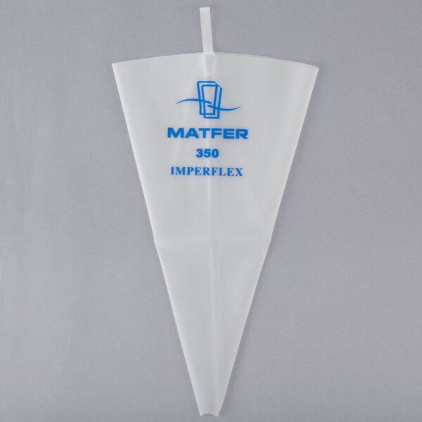 A white Matfer Bourgeat polyurethane pastry bag with blue text.